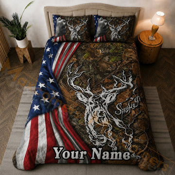 Maxcorners Patriotic American Flag Camo Deer Red Blue Brown Bedding Set 3D Print Custom Name
