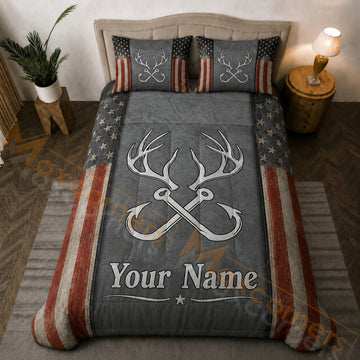 Maxcorners Patriotic American Flag Deer Antlers Fishing Hooks Gray Bedding Set 3D Print Custom Name