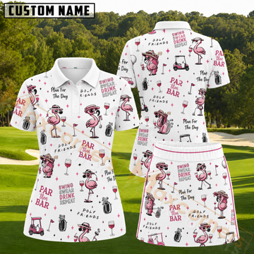 Maxcorners Pink Flamingo Golf and Wine Pattern 3D Golf Shirt and Skirt