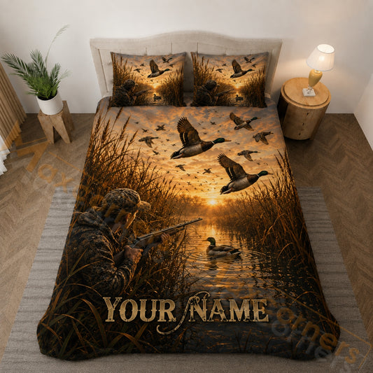 Maxcorners Mallard Duck Hunting Golden Wetland Bedding Set 3D Print Custom Name