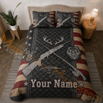 Maxcorners Patriotic American Flag Hunting Rifles Deer Bear Fishing Black Red Bedding Set 3D Print Custom Name