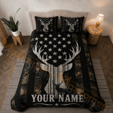 Maxcorners Black Camo Deer American Flag Bedding Set 3D Print Custom Name