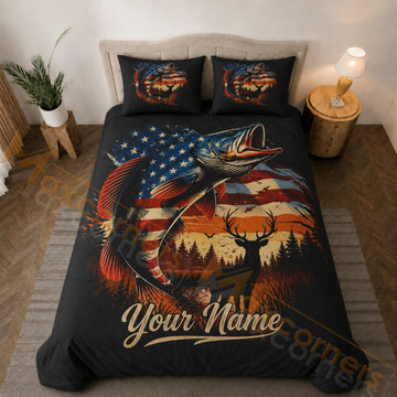Maxcorners Patriotic American Flag Fishing Deer Sunset Black Bedding Set 3D Print Custom Name