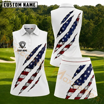 Maxcorners Ripped American Flag Personalized Name 3D Golf Shirt and Golf Skirt