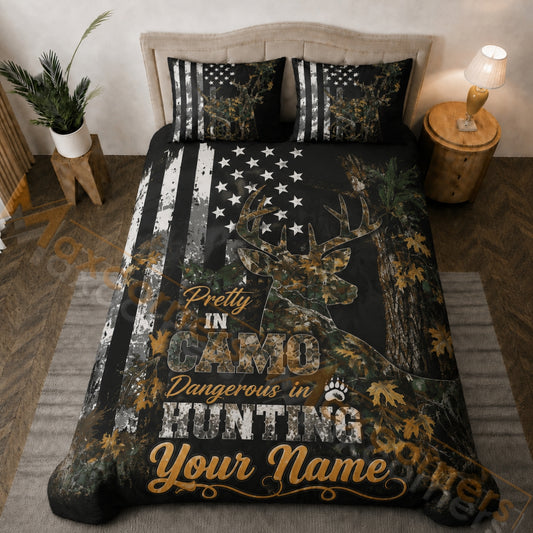 Maxcorners Camo Deer American Flag Black Hunting Bedding Set 3D Print Custom Name