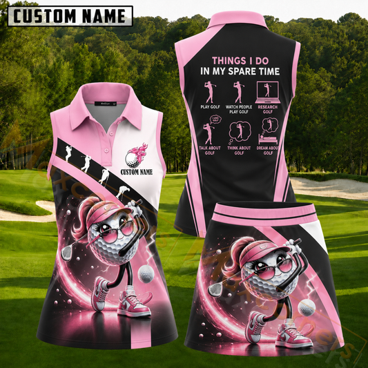 Maxcorners Pink Black Fashion Golf Personalized Name 3D Golf Shirt and Golf Skirt