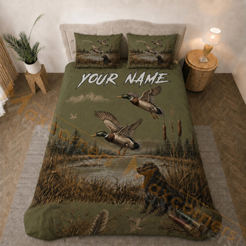 Maxcorners Olive Green Brown Mallard Duck Hunting Marsh Bedding Set 3D Print Custom Name