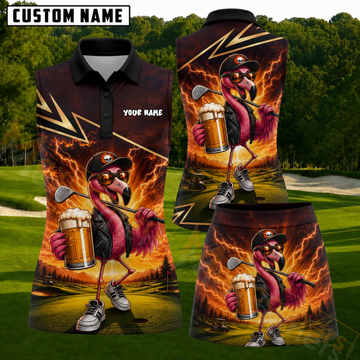 Maxcorners Black Orange Cool Flamingo Personalized Name 3D Golf Shirt and Golf Skirt