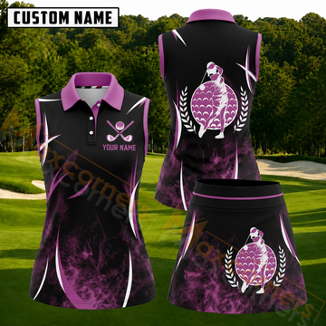 Maxcorners Black Purple Golf Champion Personalized Name 3D Golf Shirt and Golf Skirt