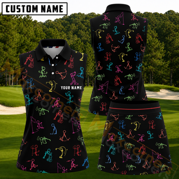 Maxcorners Black Colorful Stick Figure Golf Pattern Personalized Name 3D Golf Shirt and Golf Skirt