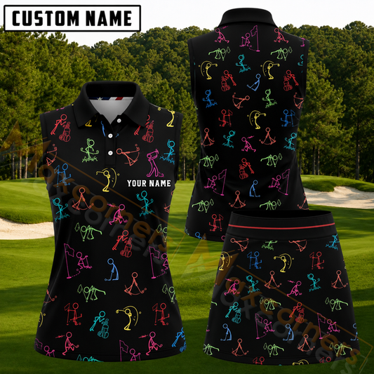 Maxcorners Black Colorful Stick Figure Golf Pattern Personalized Name 3D Golf Shirt and Golf Skirt