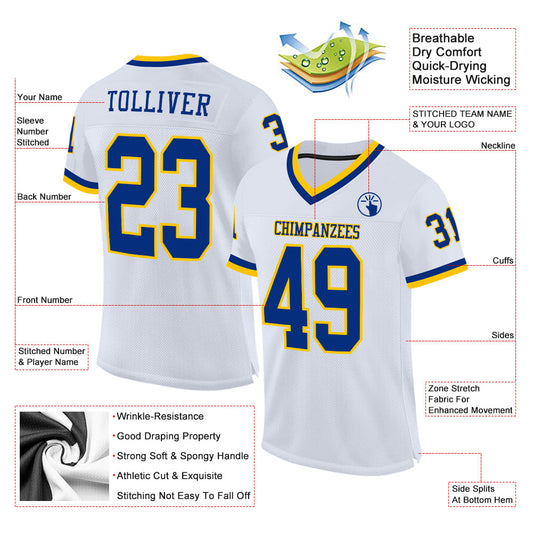 Maxcorners Custom White Royal-Gold Mesh Authentic Throwback Football Jersey LM2605