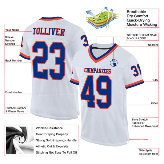 Maxcorners Custom White Royal-Orange Mesh Authentic Throwback Football Jersey LM2605