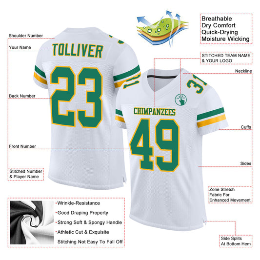 Maxcorners Custom White Kelly Green-Gold Mesh Authentic Football Jersey LM2605