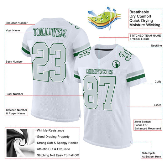 Maxcorners Custom White Silver-Green Mesh Authentic Football Jersey LM2605
