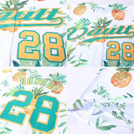 Maxcorners Custom White Kelly Green-Gold 3D Pattern Design Hawaii Pineapples Authentic Baseball Jersey LM2605