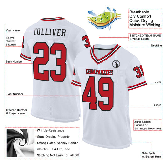 Maxcorners Custom White Red-Black Mesh Authentic Throwback Football Jersey LM2605