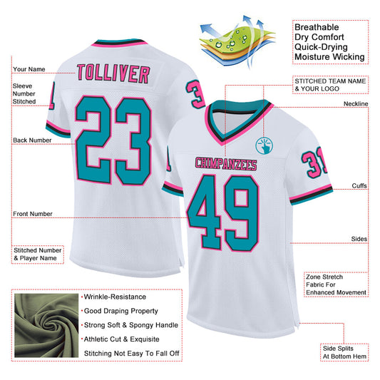 Maxcorners Custom White Teal Black-Pink Mesh Authentic Throwback Football Jersey LM2605