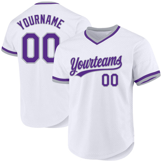 Maxcorners Custom White Purple-Gray Authentic Throwback Baseball Jersey LM2605