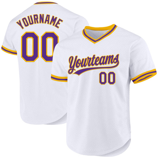 Maxcorners Custom White Purple-Gold Authentic Throwback Baseball Jersey LM2605