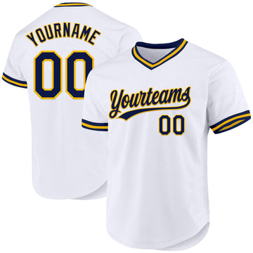Maxcorners Custom White Navy-Gold Authentic Throwback Baseball Jersey LM2605