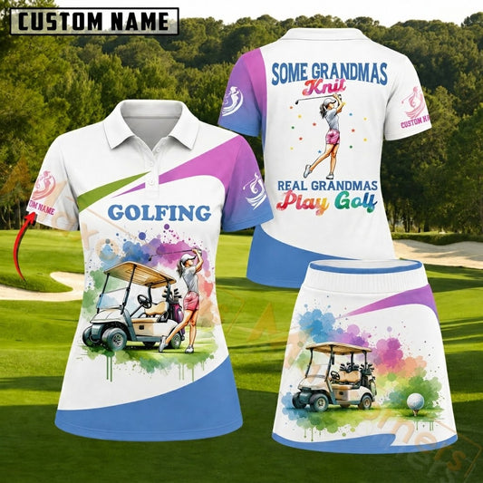 Maxcorners Colorful Watercolor Golfing Grandma Personalized Name 3D Golf Shirt and Skirt