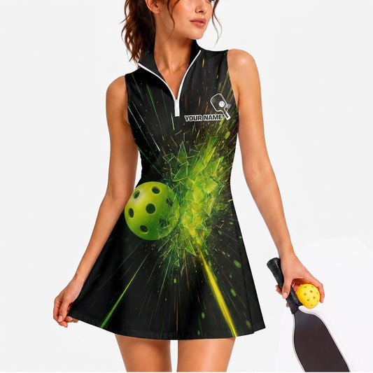 Maxcorners Pickleball Sleeveless Zipper Sports Dress Set Neon Green Energy Pickleball Personalized Name 3D Sleeveless Zipper Sports Dress Set