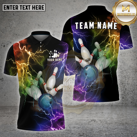 Maxcorners Bowling Rainbow Lightning Ball and Pins Multicolor Options Personalized Name, Team Name 3D Shirt (4 Colors)