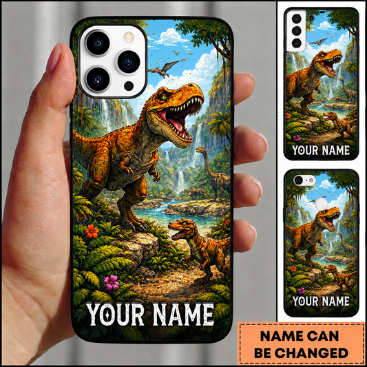 Maxcorners Hunting Dinosaur World T-Rex Wilderness Tropical Waterfall Paradise Customized Name Phone Case