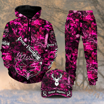 Maxcorners Hunting Hot Pink Woodland Camo Deer Pattern Personalized 3D Combo Hoodie, Sweatpants Set & Cap