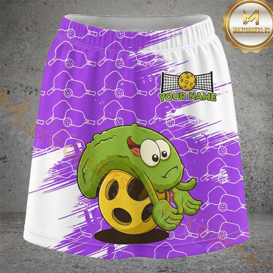 Maxcorners Pickleball Purple Cartoon Pickle Ball Rider Personalized 3D Skort, Skirts With Shorts