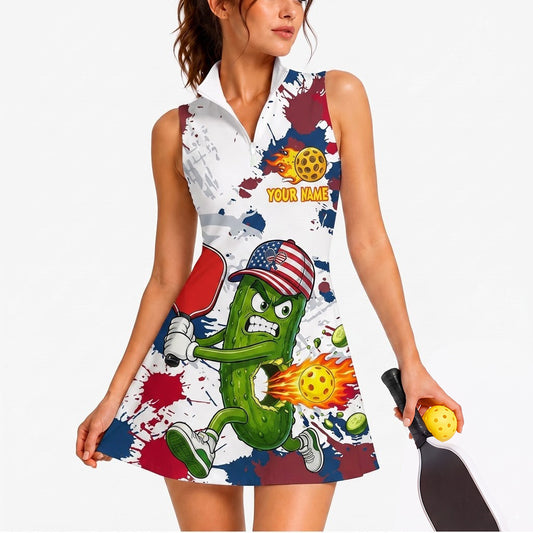 Maxcorners Pickleball Sleeveless Zipper Sports Dress Set Patriotic Pickle Character Personalized Name 3D Sleeveless Zipper Sports Dress Set