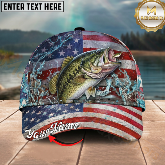 Maxcorners Fishing Patriotic American Flag Water Splash Personalized 3D Cap (12 Fish Species)