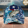 Maxcorners Fishing Texas Flag Ocean Wave Personalized Name 3D Cap (12 Fish Species)