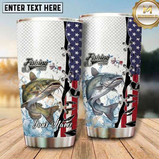 Maxcorners Fishing Tumbler White Patriotic Flag Stripe Design Personalized Name Tumbler (13 Species)