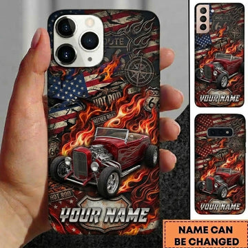 Maxcorners Hot Rod T Bucket Red Roadster American Flag Route 66 Compass Flames Personalized Phone Case