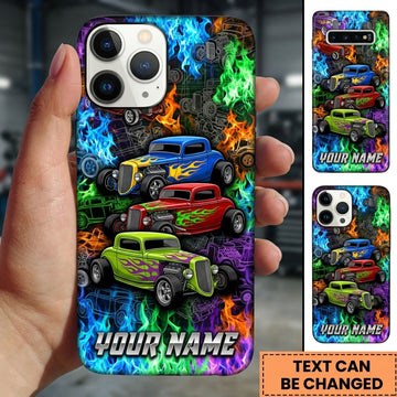 Maxcorners Hot Rod T Bucket Blue Red Green Coupes Neon Flames Blueprint Personalized Phone Case