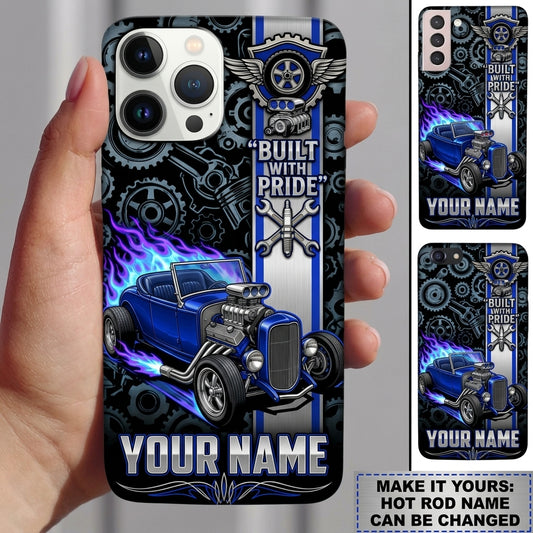 Maxcorners Hot Rod T Bucket Built With Pride Blue Roadster Gears Purple Flames Personalized Phone Case