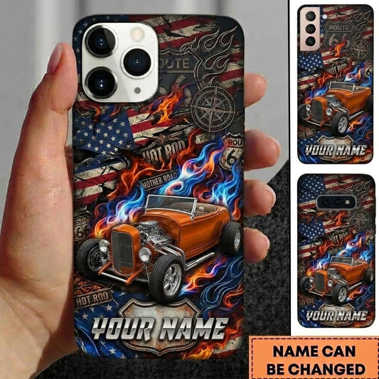 Maxcorners Hot Rod T Bucket Orange Roadster American Flag Route 66 Mother Road Flames Personalized Phone Case