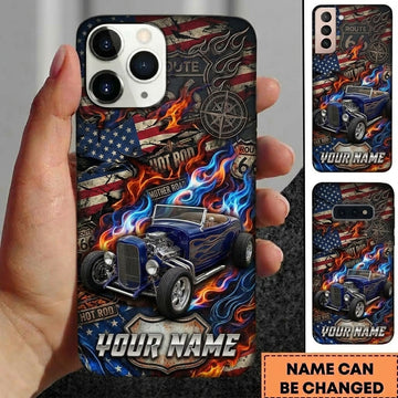 Maxcorners Hot Rod T Bucket Blue Roadster American Flag Blue Orange Flames Route 66 Personalized Phone Case