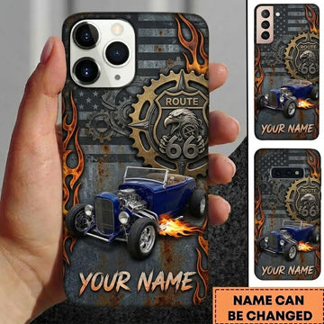 Maxcorners Hot Rod T Bucket Route 66 Eagle Gears American Flag Flames Personalized Phone Case