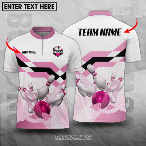 MaxCorners Bowling And Pins Pink Ball  Customized Name, Team Name 3D Zipper Polo Shirt For Men