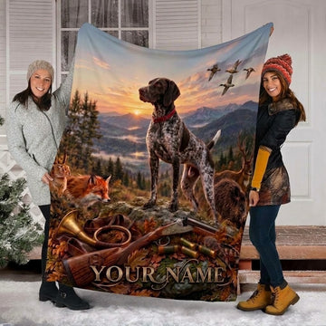 Maxcorners Hunting Pointer Dog Fox Deer Boar Shotgun Horn Sunset Custom Name 3D Blanket