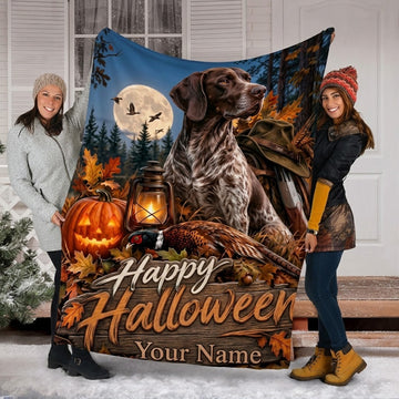 Maxcorners Hunting Happy Halloween Pointer Dog Pumpkin Pheasant Autumn Custom Name 3D Blanket