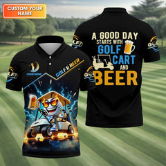 Maxcorners A Good Day Starts With Golf Cart & Beer Custom Golf Polo Shirt, Funny Golf Shirt, Golf Gift For Men