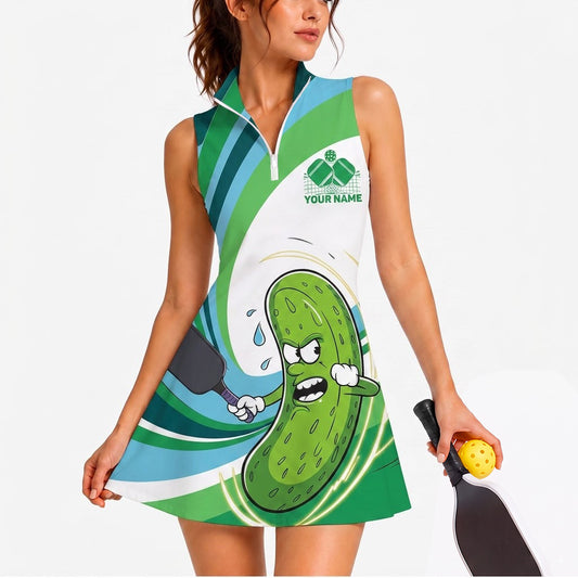 Maxcorners Pickleball Sleeveless Zipper Sports Dress Set Funny Pickle Character Personalized Name 3D Sleeveless Zipper Sports Dress Set