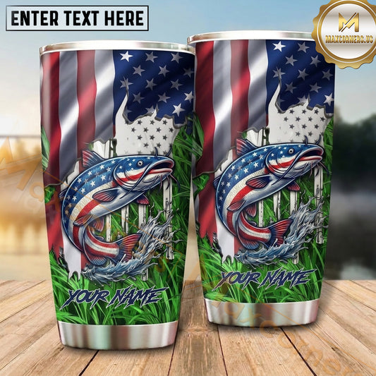 Maxcorners Fishing Tumbler Patriotic Flag Grass Design Personalized Name Tumbler (13 Species)