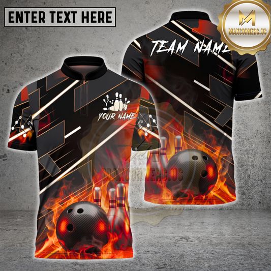 Maxcorners Bowling Flame Strike Shirt Fiery Ball & Pins Design Multicolor Options Personalized Name, Team Name 3D Shirt (4 Colors)
