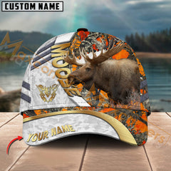 Maxcorners Hunting Cap White Orange Camo With Golden Line Personalized Name 3D Cap (Deer/Moose/Elk/Boar)
