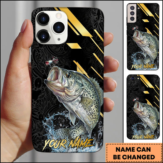 Maxcorners Crappie Fishing Luxury Black Gold Lightning Splash Personalized Name Phone Case